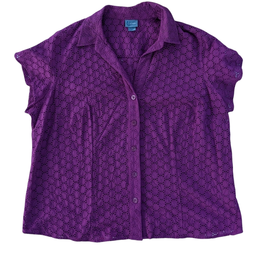 Plus Size 24W Collared Button Up Shirt Eyelet Coastal Grandmacore Cottagecore